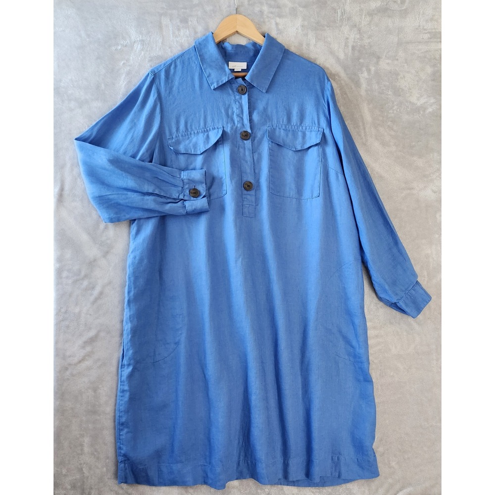J. Jill Love Linen Dress Womens Size XL Tab Sleeve Art Button Front Pockets 100%